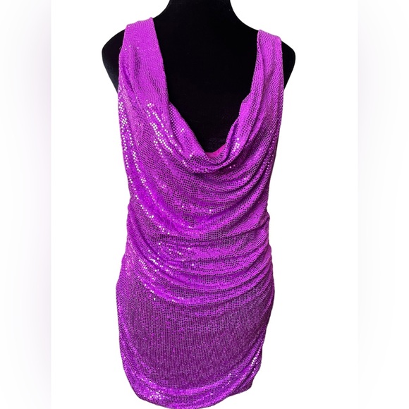 Urban Outfitters Dua Cowl Neck Purple Sequin Glitz Glam Bodycon Mini Dress - Picture 1 of 9